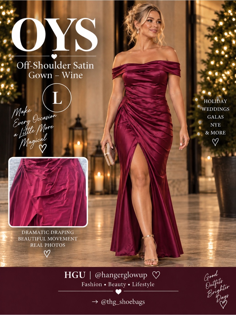 OYS Off Shoulder Satin Ruched Side Slit Gown Wine Burgundy High Slit L NWOT